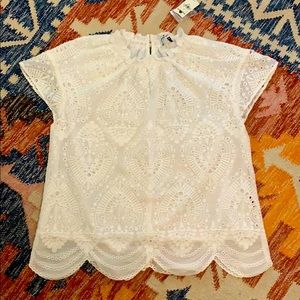 Eyelet Lace Ruffle Mock Neck Top